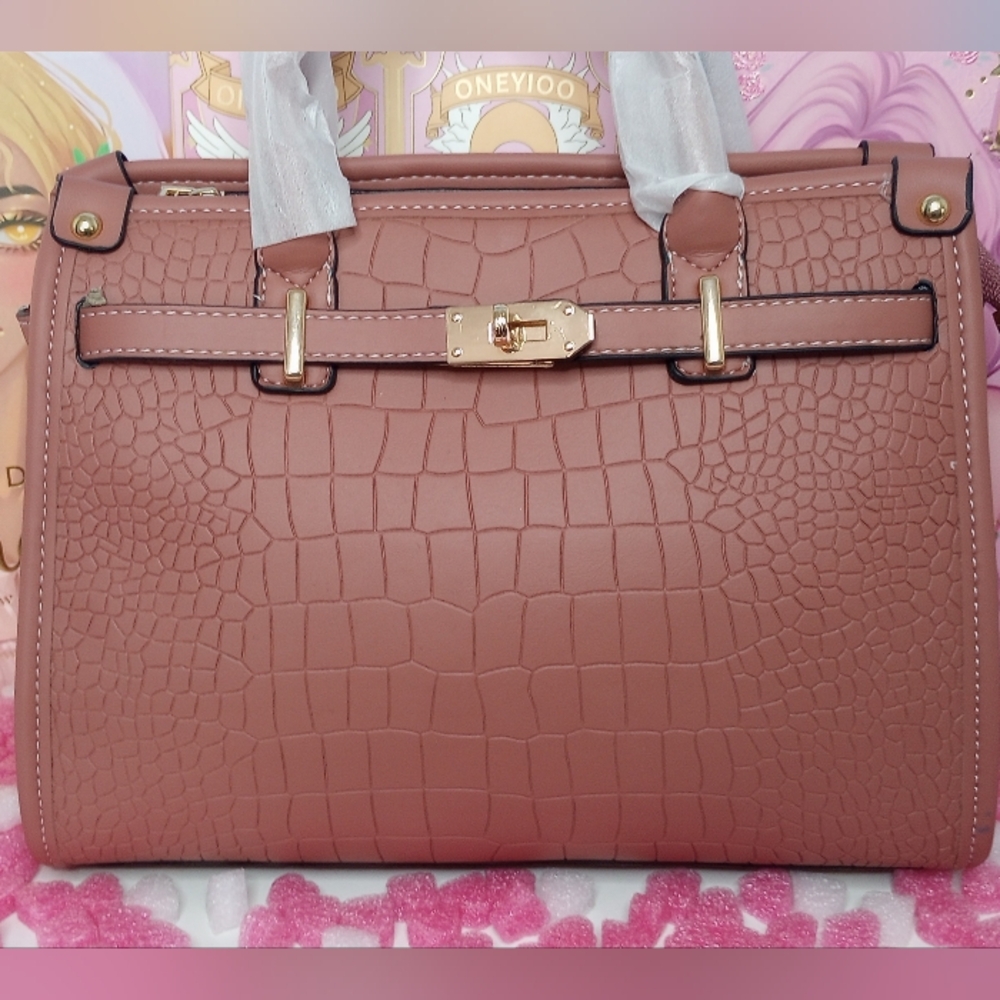 Dark Pink Crocodile Embossed Leather Satchel